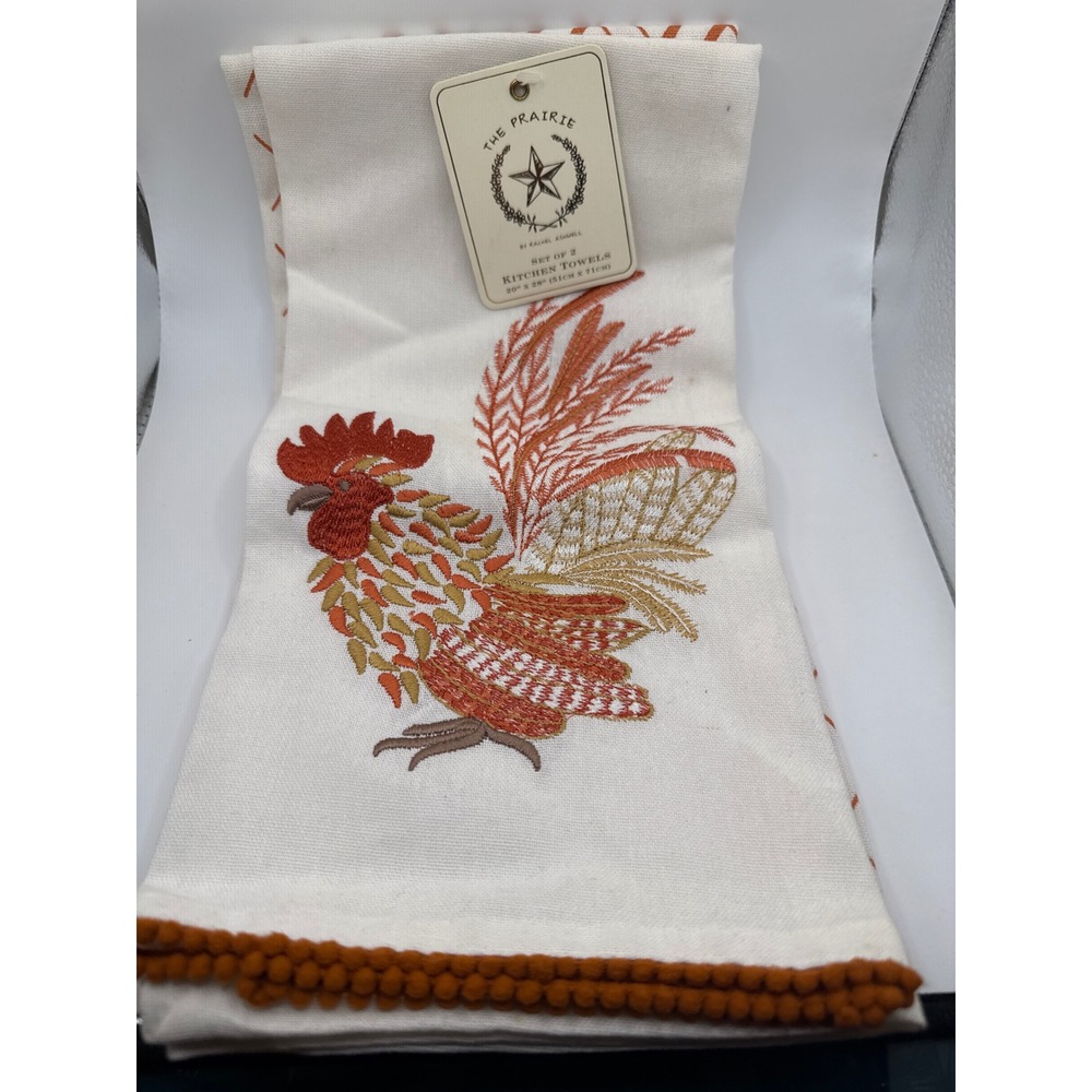 The Prairie by Rachel Ashwell Set of 2 Rooster Embroidered Kitchen Towels NWT